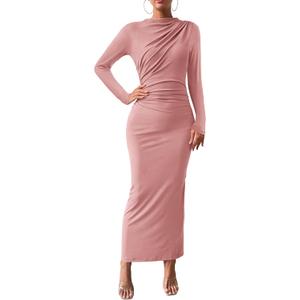 BTFBM Women Bodycon Maxi Dress Long Sleeve Back Slit Ruched Elegant Party Cocktail Formal Fall Wedding Guest Dresses (Small, Pink)