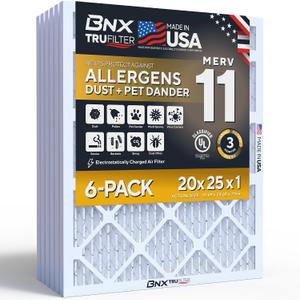 BNX TruFilter 20x25x1 Air Filter MERV 11 Allergy, Dust & Pet Defense 6-Pack