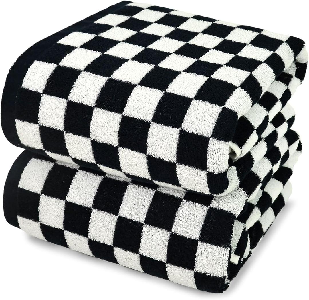 Jacquotha Black & White Checkered Cotton Bath Towels Set of 2 - Cute Aesthetic Bathroom Towels for Bathroom Decor 27.5" x 55"
