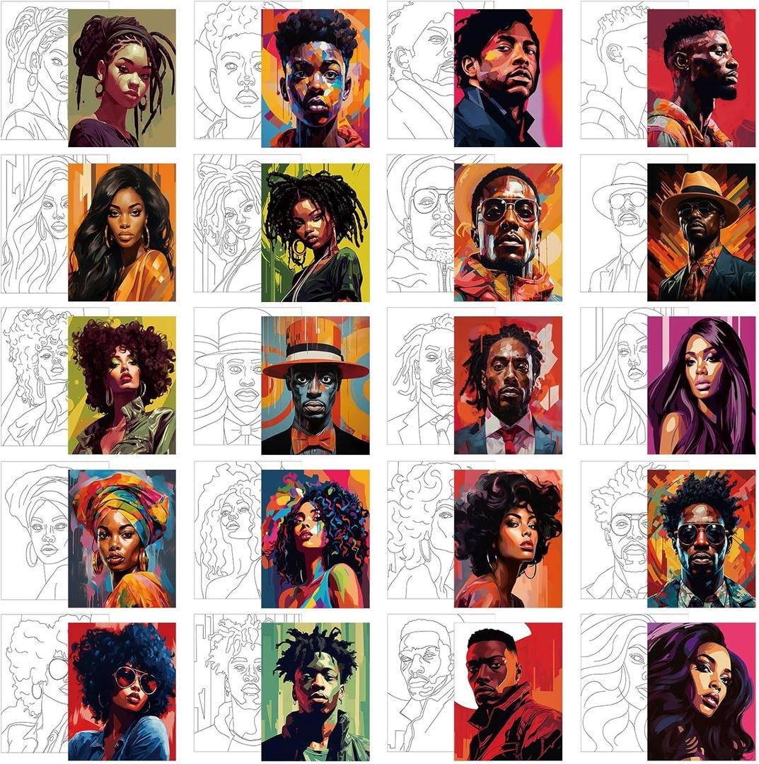 Sherr 20 Pcs Black History Month Pre Drawn Canvas African American Canvas to Paint Afro Queen Black Art for Painting for Adults Outline Pre Drawn Stretched Cotton Art to Paint Party Set, 8 x 10'