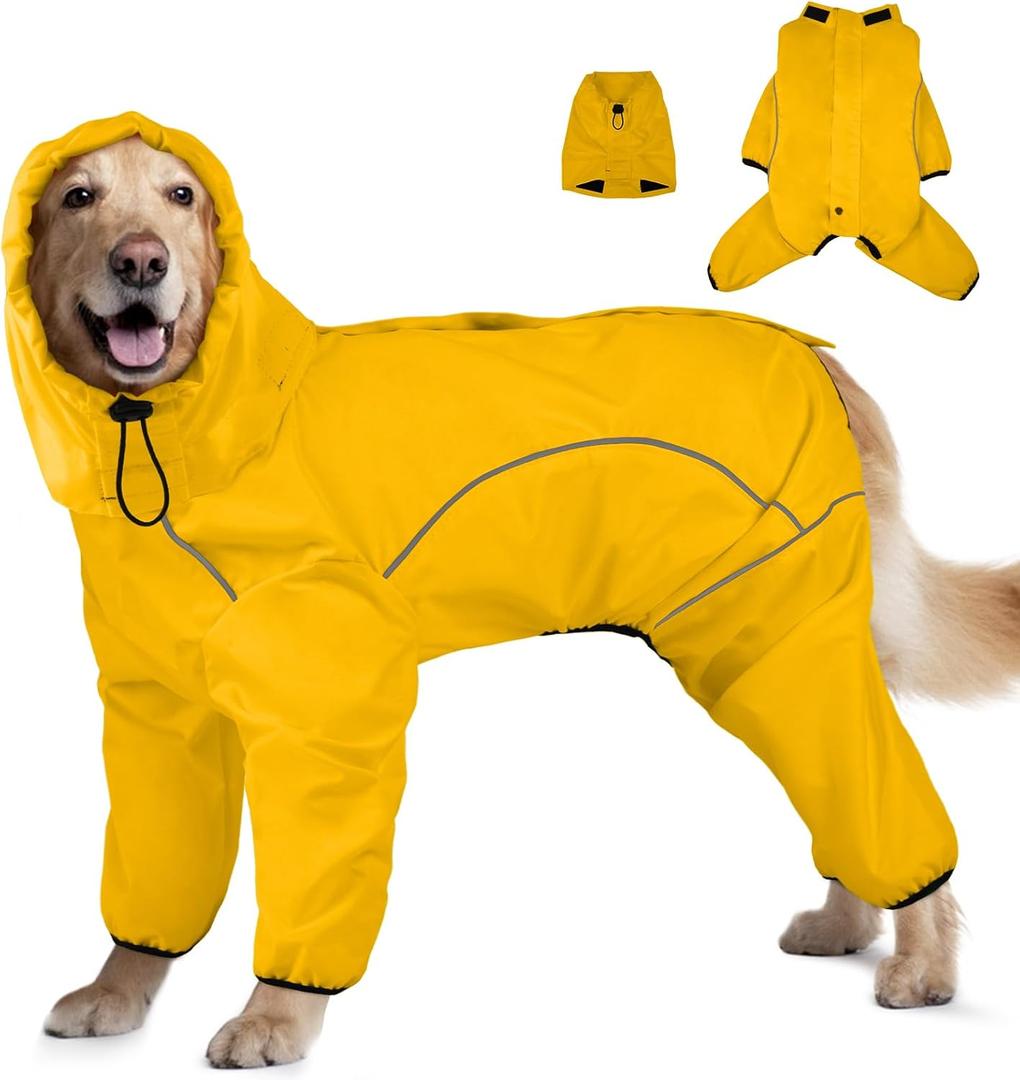 Dog Raincoat, Waterproof Dog Rain Jacket with Removable HoodAdjustable 4 Legs Pet Poncho with Leash Hole, Reflective Stripe Hooded Snowproof Windproof Clothes for 3X-Large Dogs, 3XL (Light Yellow)