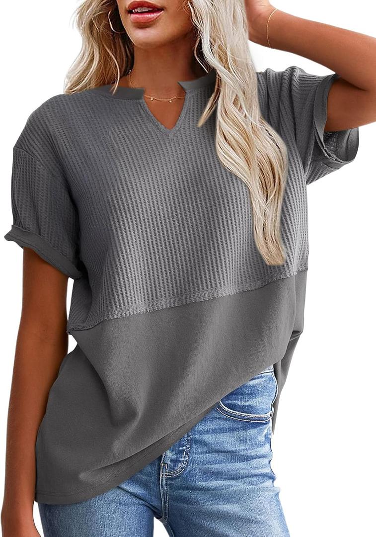 SHEWIN Womens Casual V Neck Waffle Knit Tops Short Sleeve T Shirts Loose Blouses (Gray, S)