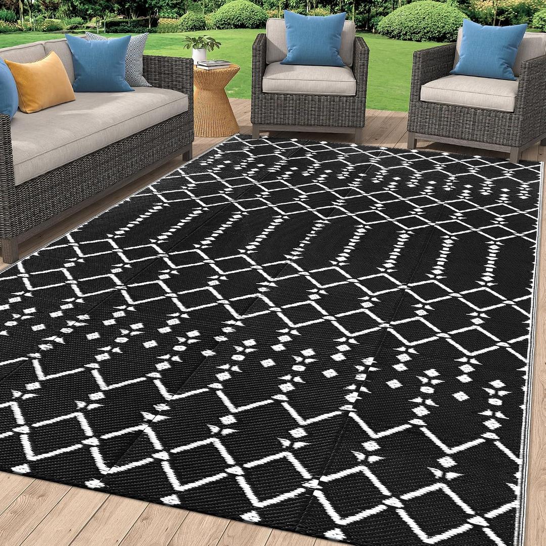 Smiry Outdoor Rug 8x10 ft, Waterproof Reversible Plastic Straw Rugs, Boho Outdoor Area Rug, Outside Floor Mat for Patio, Backyard, Deck, Picnic, Beach, Camping, Black