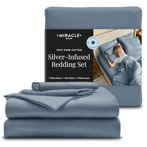Miracle Made Breathable Cotton Bed Sheets, 4-Piece Set – Silver-Treated, Soft and Cool-to-the-Touch Lightweight Bedding Designed for Hot Sleepers – King Size, Slate Blue