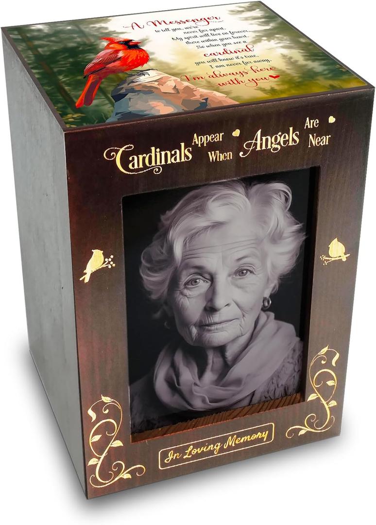 Wooden Cremation Urns with Photo Frame for Human Ashes Adult Female Male, Wood Urns Box and Casket, Funeral Decorative Urn with Picture for Adults Up to 200 lbs (Large, Cardinal) (Vertical 200lbs, Photo - Cardinal)