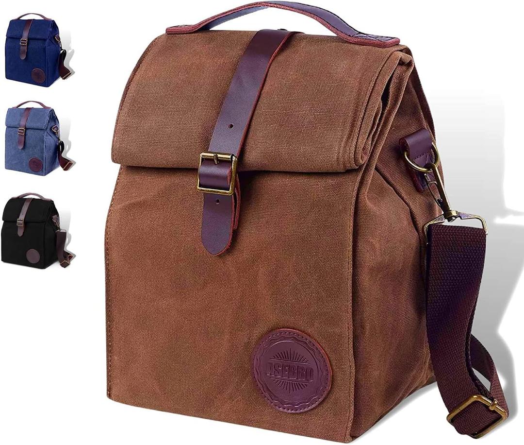 ASEBBO Insulated Lunch Bag 10L Sturdy Waxed Canvas Lunch Box for Men and Women, Leakproof Insulated Cooler Bag for Work Picnic Hiking, Lunchbox for Adults with Shoulder Strap (Brown) (Heritage Classic Bag)