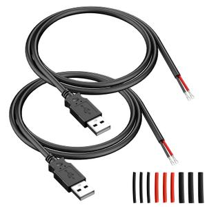 USB 2 Wire Pigtail Cable 20AWG USB 2.0 Male Plug 2pin Wire DIY Pigtail Cable 5V 5A Black USB DIY Connector Replacement Cable Cordwith Heat Shrink tubes-2pcs (1M)
