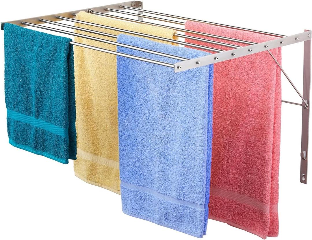 Smartsome | Wall Mounted | Clothes Drying Rack | 30" Wide | 20 Linear Feet Capacity | 8 Smooth Round Stainless Steel Rods | 60 lb Capacity | Fully Assembled | Compact Sturdy Space-Saving Design