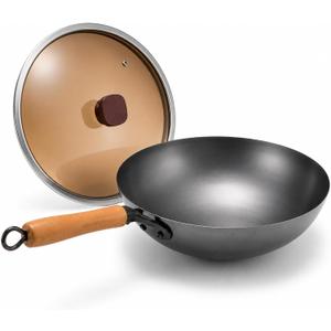 Calmabode 12" Round Bottom Carbon Steel Wok with Glass Lid | Traditional Chinese round-bottom wok for Gas Stoves, Nitrided Carbon Steel, Glass Lid, Ideal for Wok Hei and Stir-Fry