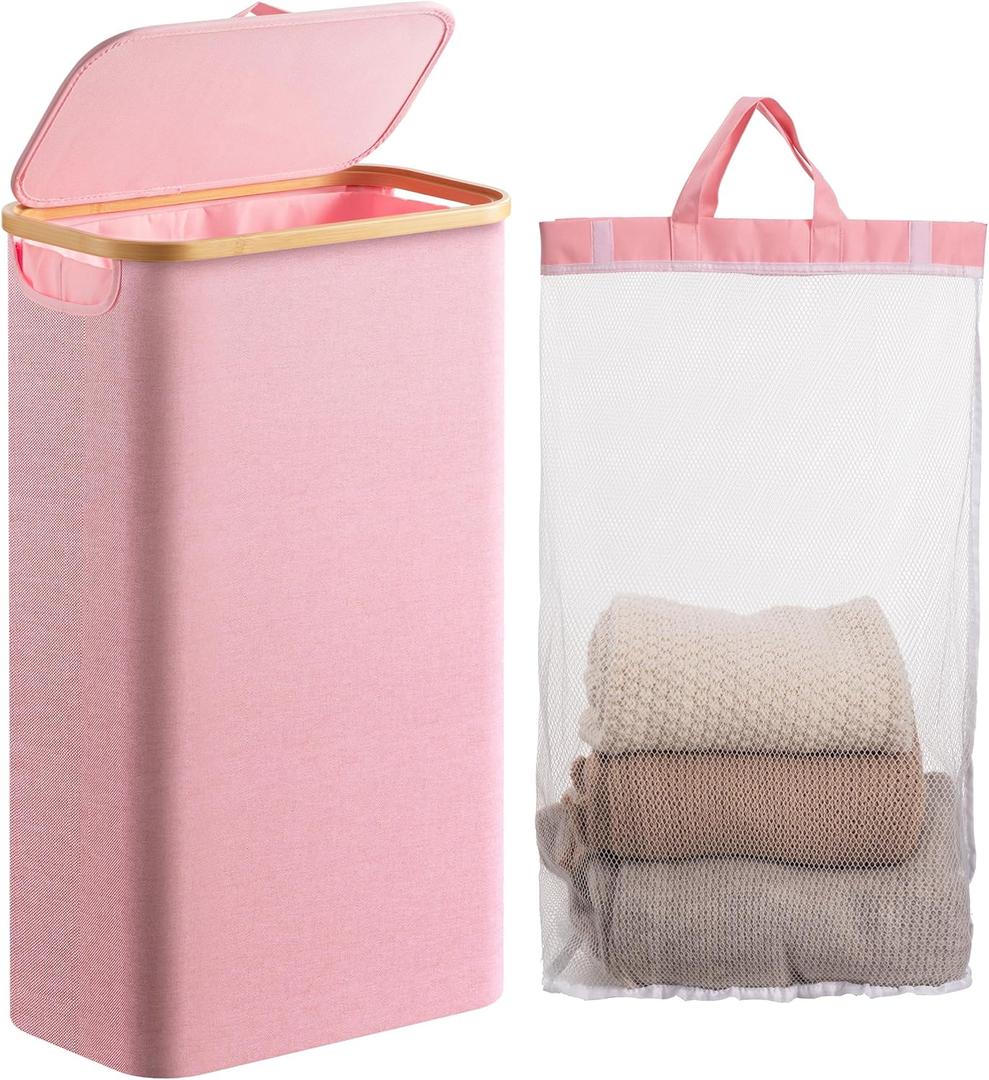Famyards Laundry Hamper with Lid, 60L Slim Laundry Basket with Bamboo Handles and Removable Inner Bag, Collapsible Dirty Clothes Hamper Laundry Bin for Bathroom, Bedroom, Dorm Laundry Room (Pink)
