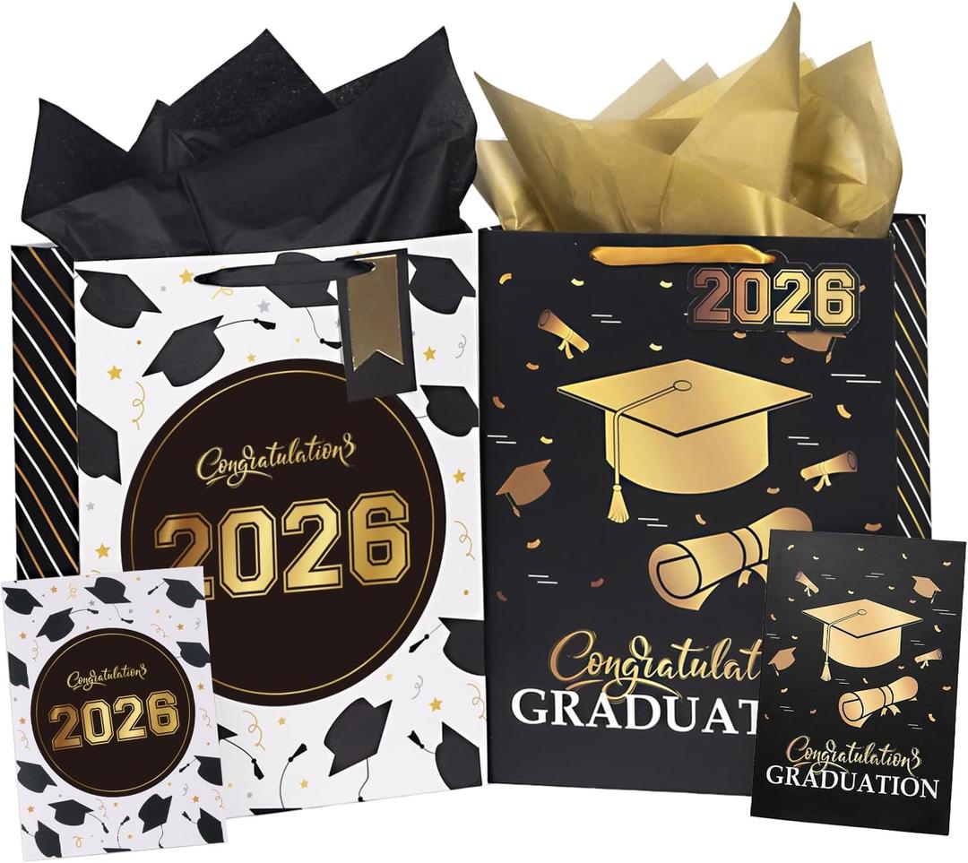 WRAPAHOLIC 16.5" Extra Large 2026 Graduation Gift Bag with Card and Tissue Paper - 2 Pack Black Gold Class of 2026 Paper Bag for Graduation Party