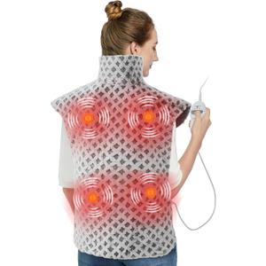 CAROMIO 4 Massaging Heating Pad for Back Pain Relief, Neck and Shoulders Electric Heating Pads Large Size, Full Body Back Heat Mat with Auto Shut Off, 3 Heat Levels & 3 Massage Modes (Grey, 35"x24")