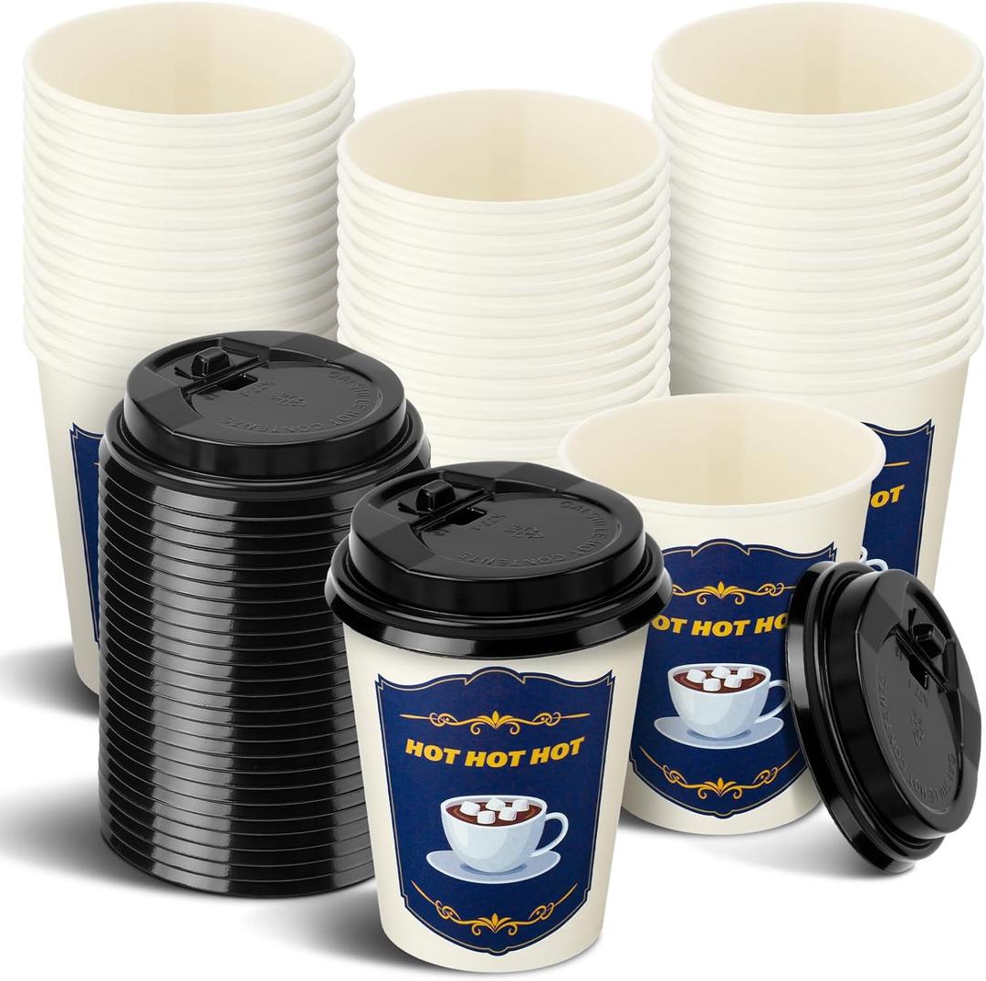 50 Set Christmas Hot Cocoa Cups Bulk 12 oz Christmas Disposable Coffee Cups with Lids Straw Holiday Cup Hot Cocoa Chocolate Bar Supplies for Beverage Ice Cream Coffee Party Decor