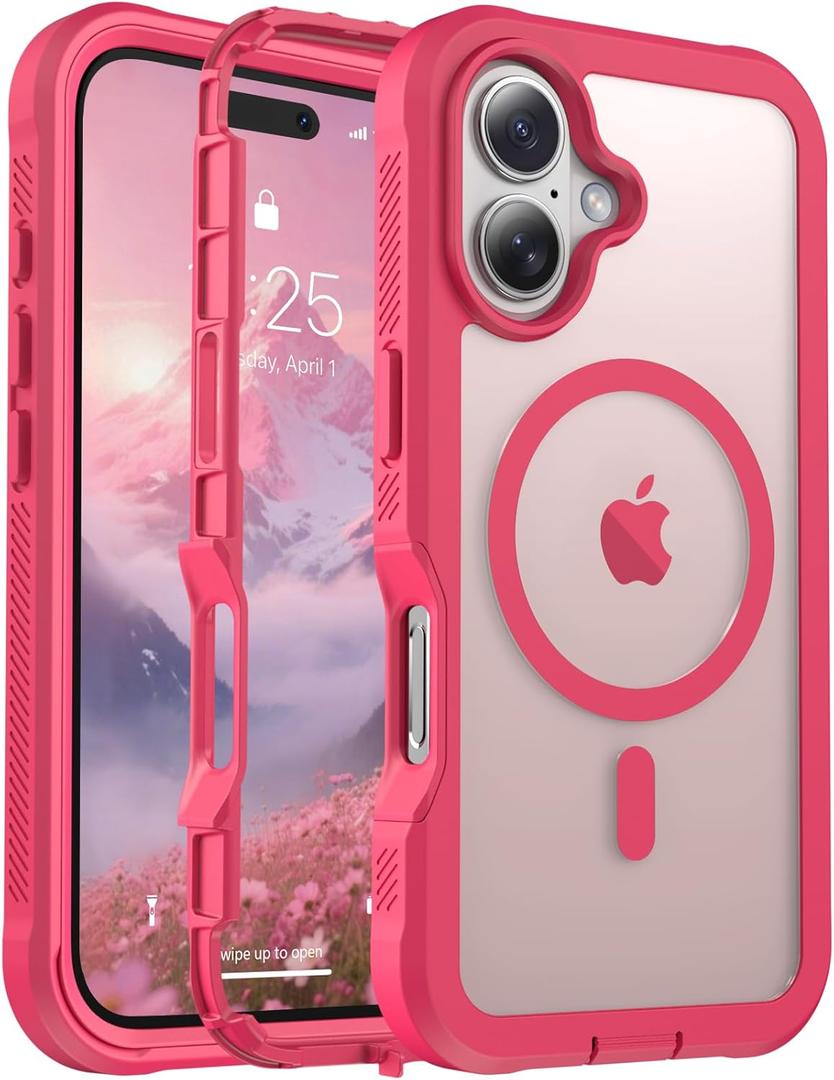 Magnetic for iPhone 16 Case, [Compatible with MagSafe][Military Grade Drop Protection][Heavy Duty Protection][Non-Slip][Shockproof] 2-Layer Durable Bumper Phone Case 6.1''-Rose