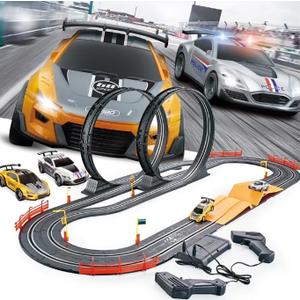 Slot Car Race Track Set, 19ft Electric Track with LED Lights and 4 Slot Cars, 2 Hand Controllers and Racing Game Lap Counters, Set Features Loop, Turns, and Crossover for Boys Age 612