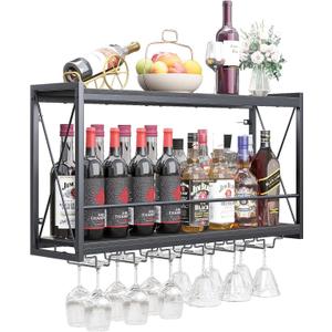 Dokser Wine Rack Wall Mounted Shelf - 2 Tier, Rustic Wood & Industrial Iron Frame Wine Bottle Holder for Kitchen, Dining Room, Home Bar Decor (Black)