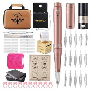 Permanent Eyebrow Makeup Tattoo Machine Kit with 700mAh Wireless Battery 15 pcs Cartridge Needles Microblading Supply for Eyebrow Lip Eyeliner Microshading Supplies(Pink Tattoo Kit)
