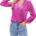 Women Long Lantern Sleeve Shirts Dressy Casual Loose Fit Fall V Neck Blouses Date Night Tops (Pink, M)