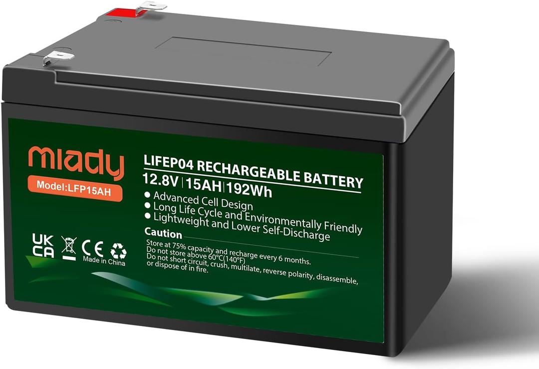 Miady 12V 15Ah Lithium LiFePO4 Deep Cycle Battery,3000 Cycles Rechargeable Battery For Small UPS,Fish Finder,Power Wheels,Scooters,Solar Power Built-in 15A BMS5.9" L x 3.7" W x 3.9" H