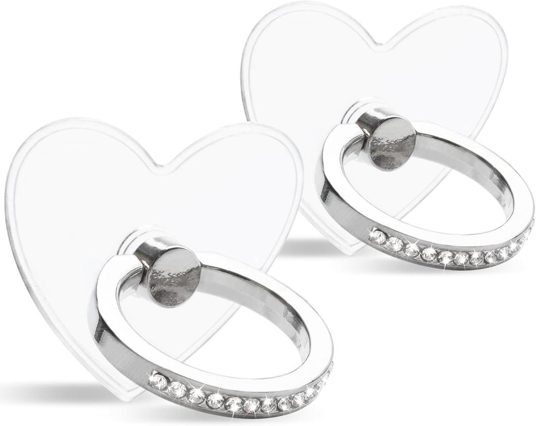 [2 Pack] Transparent Diamond Setting Cell Phone Ring Holder Stand,360 Degree Rotation and 180 Degree Adjustable Finger Ring Kickstand with Polished Electroplated Phone Grip (Love Heart)
