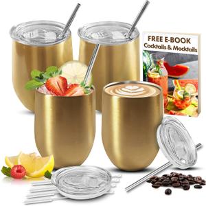 Stainless Steel Wine Tumblers - Gold Wine Glasses Set of 4, Stemless Unbreakable Glass with Lid and Straw 4 pack, Gold Tumblers