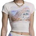Y2k Baby Tee Short Sleeve Graphic Crop Top Women Teen Girl Floral Cute Crew Neck Slim Fit Vintage Cropped Shirts (Medium, White Blue Orange)