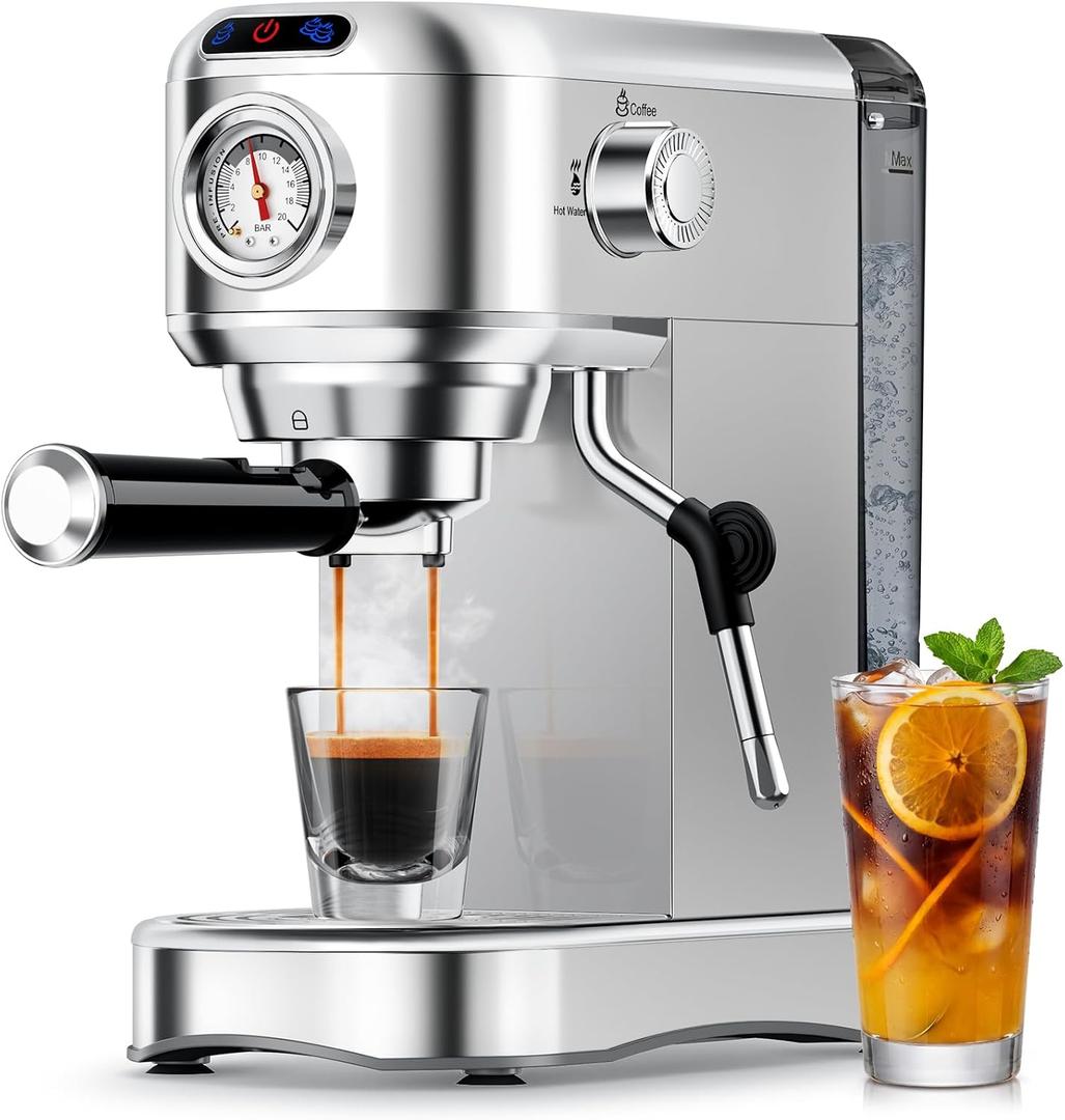 Espresso Machine 20 Bar, Compact Espresso Coffee Machine with Milk Frother, Stainless Steel Coffee Maker with 34oz Removable Water Tank, Cappuccino Machine for Home, Office, Fathers Day Dad Gifts