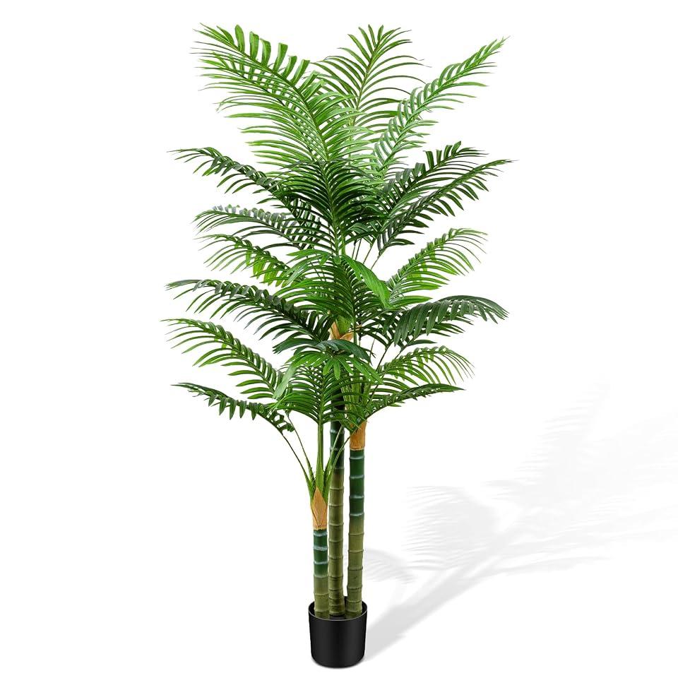 CyanGrove 6ft Tall Golden Cane Artificial Tree Palm Outdoor, Large Artificial Plants Outdoor Faux Palm Tree with 3 Textured Trunks, Fake Tree for Indoor Outdoor Office Living Room Outside Patio