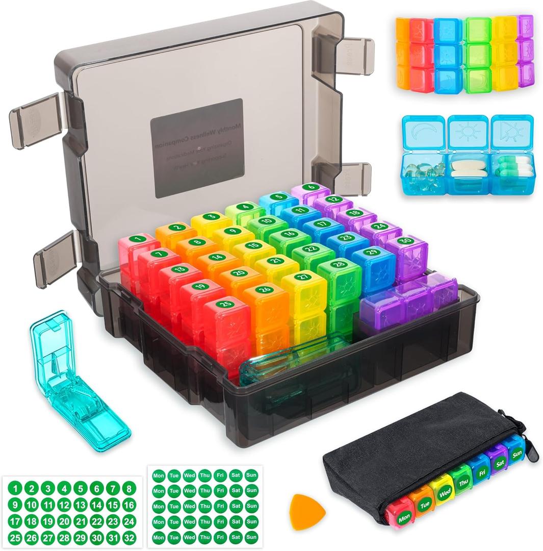Monthly Pill Organizer 3 Times a Day - Portable Pill Box with Weekly Travel Bag - Large Capacity 30 Day Pill Case with Pill Cutter & Labels for Easy Medication Management (Black)