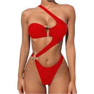 OYOANGLE Women's Ring Linked Cut Out One Shoulder One Piece Swimsuit High Cut Bathing Suits (Red), S