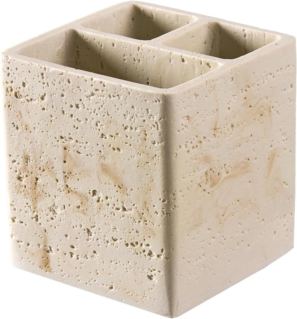 Natural Travertine Textures Toothbrush Holders for Bathroom, Electric Toothbrush and Toothpaste Holder 3 Slots Tooth Brush Organizer for Bathroom Countertop, Shower, Vanity
