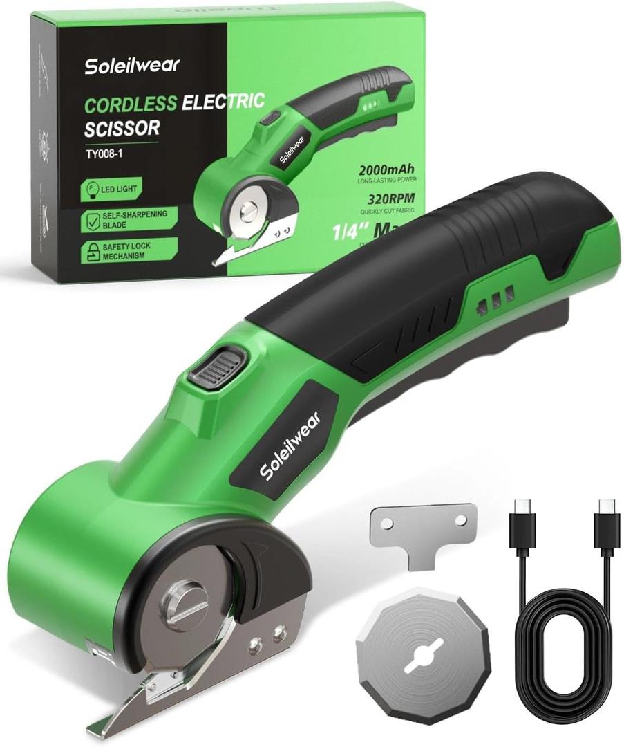 Cordless Electric Scissors, Upgrade Rechargeable Cardboard Cutter, 4V Electric Box Cutter with 3000mAh Battery LED Light & Safety Lock, USB Charging with 2 Blades for Carpet Plastic Leather Cloth