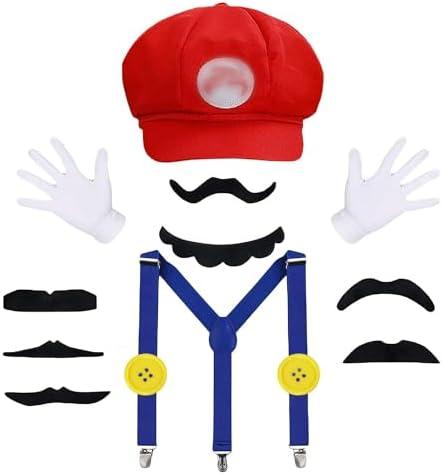 ANCOSJOY Bros Mary & Luigi Hat Costume Mustaches Gloves Buttons for Halloween Costume Cosplay