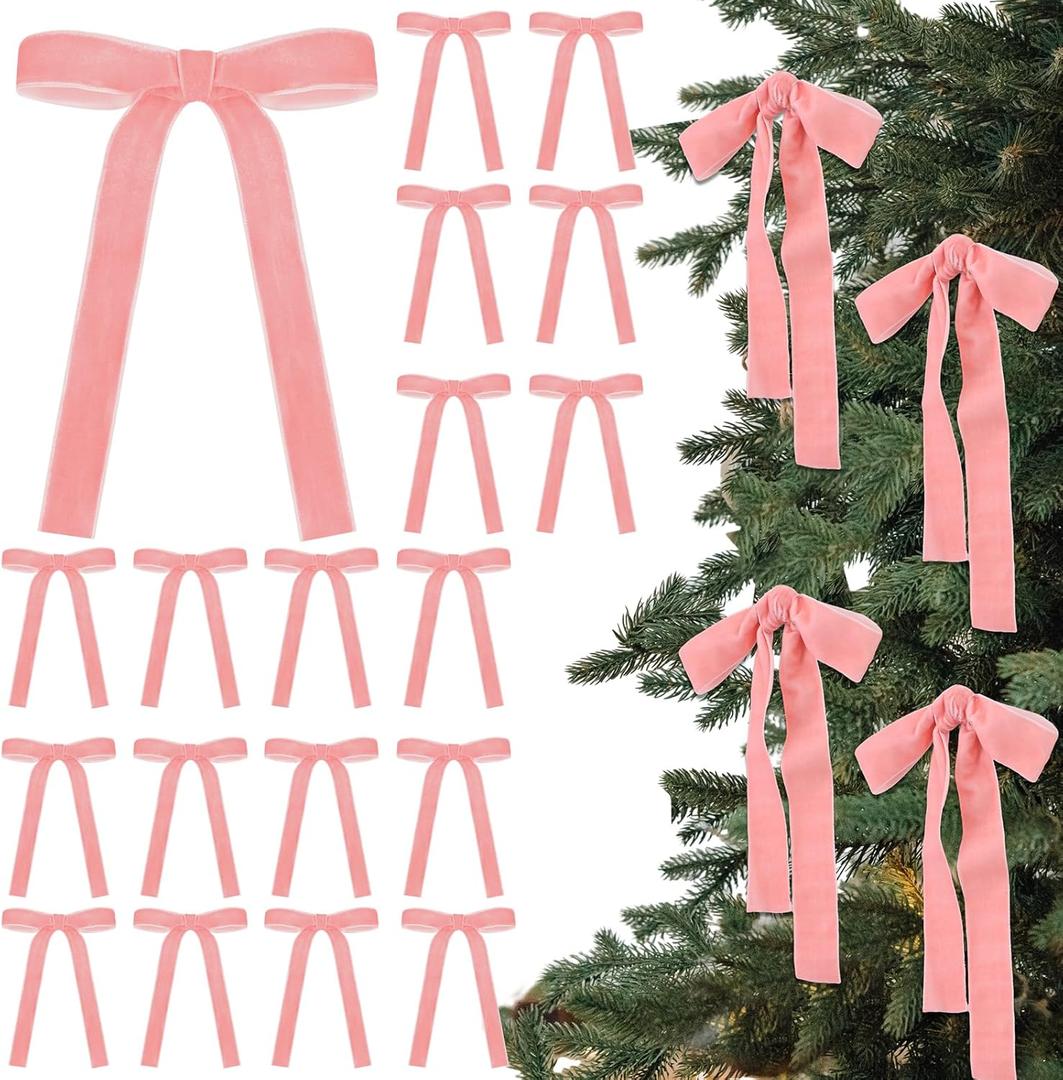 24 Pcs Velvet Bows for Christmas Tree Vintage Ribbon Bows for Crafts Garland Home Coquette Wedding Birthday Decor(5 x 7 InchWidth of 1",Dusty Pink)