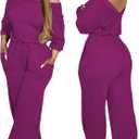 CHICME Off Shoulder Jumpsuits for Women Long Sleeve Wide Leg Dressy Overalls (Hot Pink, L) 