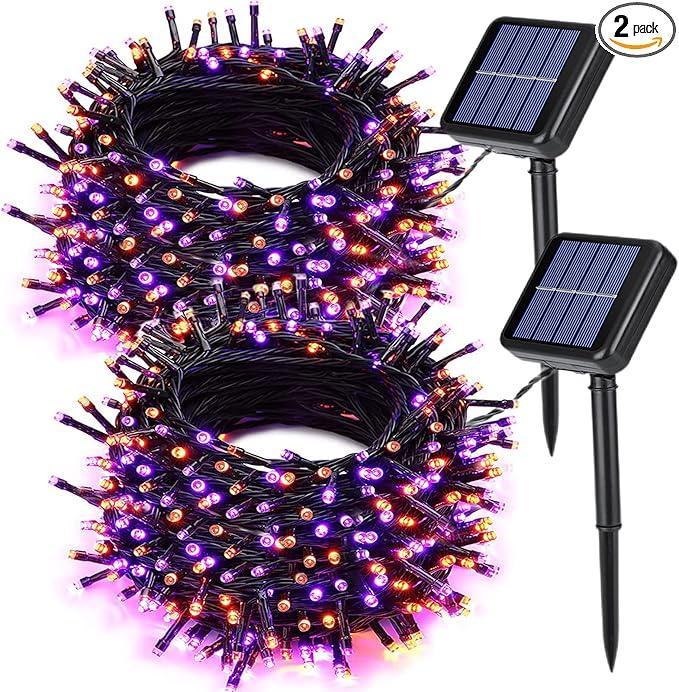 Joomer 2 Pack Orange Purple Halloween Solar String Lights, Total 144 FT 400 LED 8 Modes Waterproof Solar String Lights Outdoor for Halloween Decorations