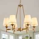 Gold Wagon Wheel Chandelier with White Linen Shade 6-Light Industrial Ceiling Light Fixture 26.8inch Large Farmhouse Hanging Pendant Light for Dining Living Room Kitchen Bedroom Entryway Foyer