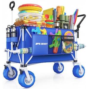Aimnny 400L Extra-Large Beach Wagon, 48" Heavy Push & Pull Folding Cart | 9"x4" All-Terrain Wheels with Dual Brake System, 600 lb Capacity, Compact Fold, Fits in Car Trunks, Multi-Use Utility Cart(the bolt that holds the wheel was cut off)
