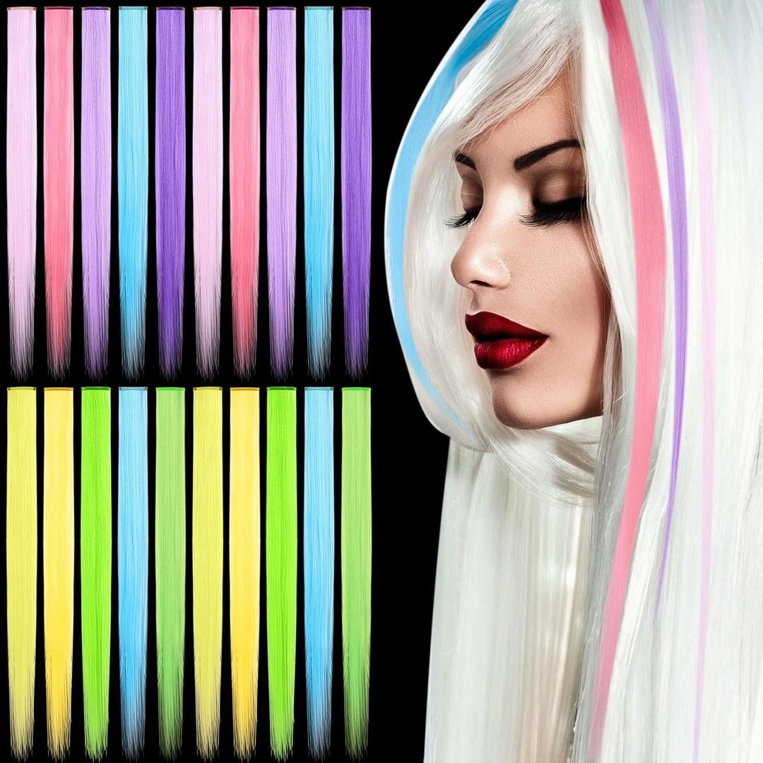 20 Pcs Glow in The Dark Colored Hair Extensions 20 Inch Straight Color Clip Rainbow Halloween Party Hairpiece for Women, 10 Color(Dark Purple, Blue, Pink, Watermelon Red, Light Purple)
