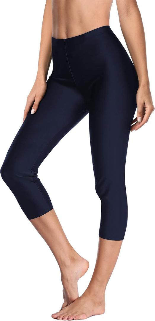 ALove Swim Pants for Women High Waisted Swimming Leggings Stretch Swim Capris Sporty Long Swim Board Shorts (Large, Navy)