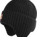 Baby Beanie Fleece Lined Toddler Winter Hat with Ear Flaps Little Girls Boys Warm Hats Cute Beanies for Kids (6-24 Months, Black)