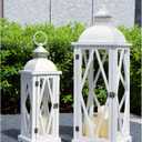 Perfnique Farmhouse Outdoor Lanterns for Patio, Set of 2 White Rustic Lanterns Decor, Vintage Hanging Candle Holder Decorative for Porch, Garden, Yard, Indoor (No Glass)