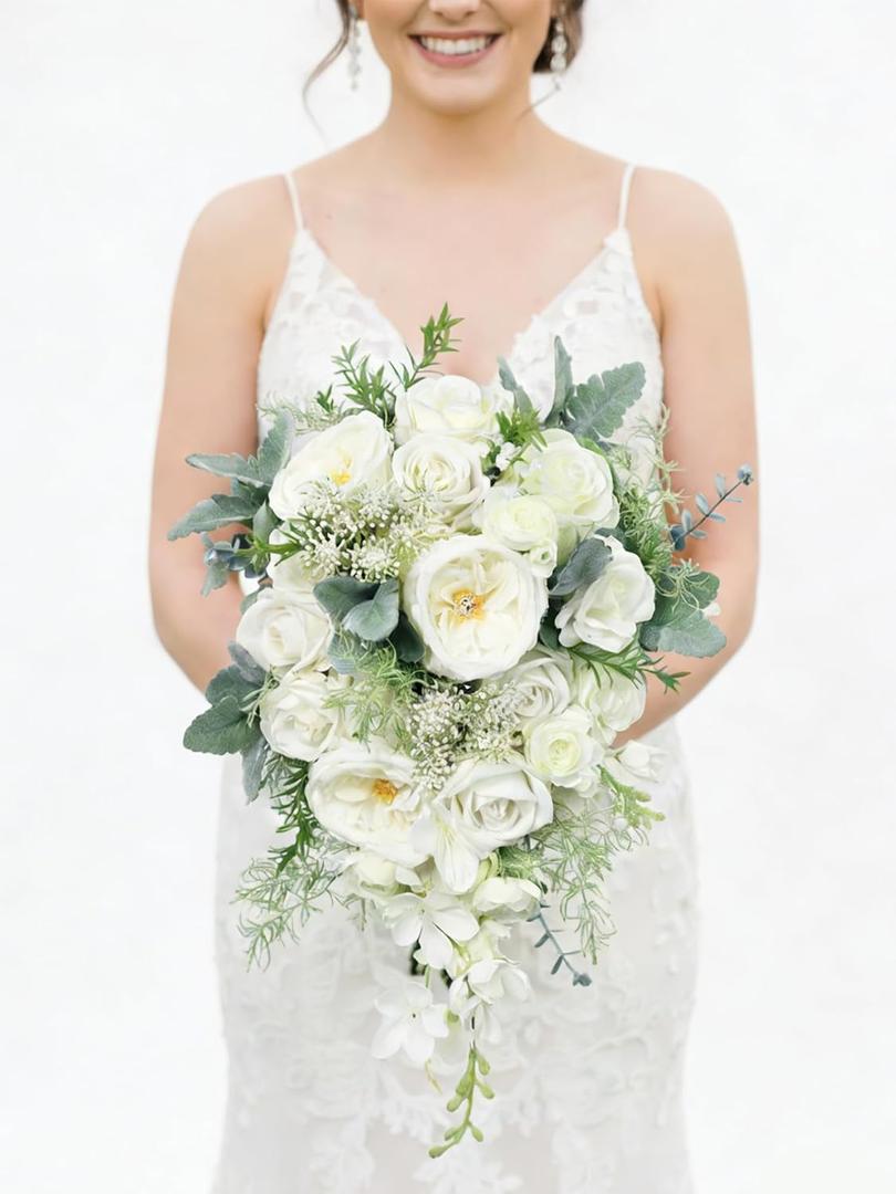 Rinlong 10.6 Inch Dusty Green White Artificial Cascading Wedding Bouquets for Bride Cascade Bridal Bouquet for Wedding Silk Flowers