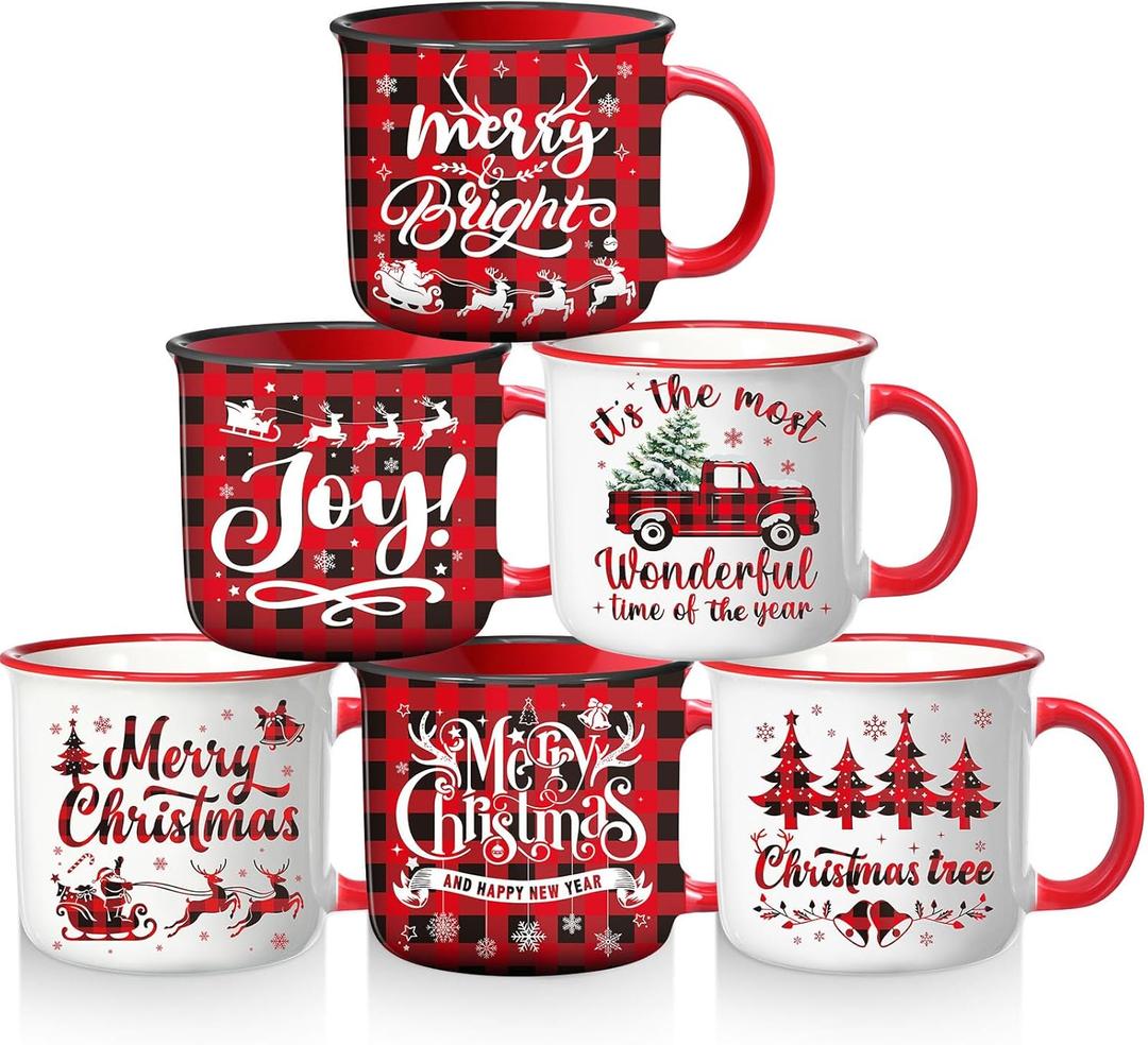 Pickmesh 6 Sets of Christmas Coffee Mug Christmas Red Black Plaid Ceramic Mugs with Handle 12OZ Red Checkered Cup Set Xmas Holiday Coffees Cups for Home Office Table Decoration Holiday Party Gift