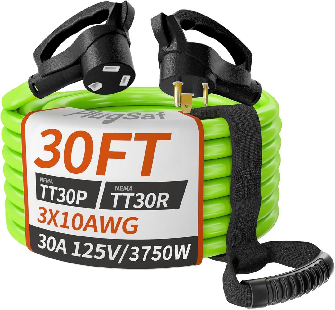 PlugSaf 30 FT 30 Amp RV Extension Cord Outdoor with Grip Handle, 10/3 Gauge Flexible Heavy Duty RV Power Cord Waterproof, NEMA TT-30P to NEMA TT-30R, 10AWG 125V 3750W STW, Green-Black, ETL Listed