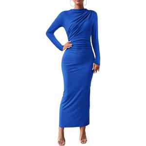 BTFBM Women Bodycon Maxi Dress Long Sleeve Back Slit Ruched Elegant Party Cocktail Formal Fall Wedding Guest Dresses (Blue)