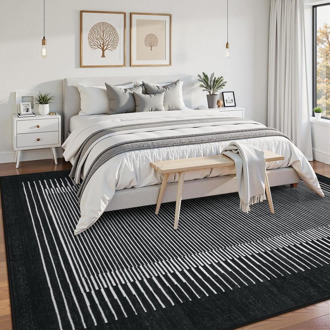 Wonnitar Striped Black Area Rugs 9x12 Living Room, Non-Slip Soft Berber Stripe Bedroom Rug, Low Pile Minimalist Floor Carpet for Dining Room Living Room Department (Black,9' x 12')
