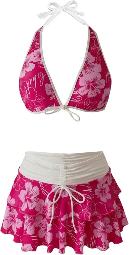 Floerns Women's 3 Piece Bikini Sets Boho Floral Print Halter Swimsuit Layered Ruffle Bathing Suit (Pink, M)