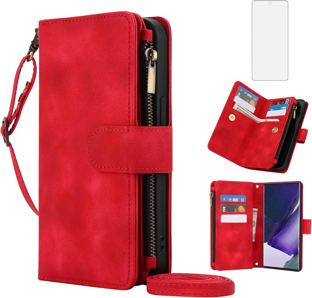 Asuwish Phone Case for Samsung Galaxy A52/A52S 5G Wallet Cover with Tempered Glass Screen Protector and Zipper Card Holder Slot Stand Accessories Wrist Strap A 52 S 4G G5 52A S52 52S Women Men Red