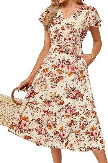 JASAMBAC Women Summer Dresses Casual Flowy Beach V Neck Ruffle Sleeve Smocked Back Waist Floral Midi Dress with Pockets, Size S